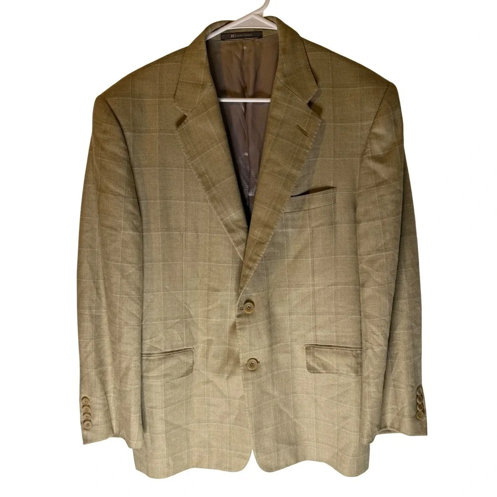 Hickey Freeman Madison Blazer Mens 42 Short Tan Wool Silk Linen Windowpane Coat